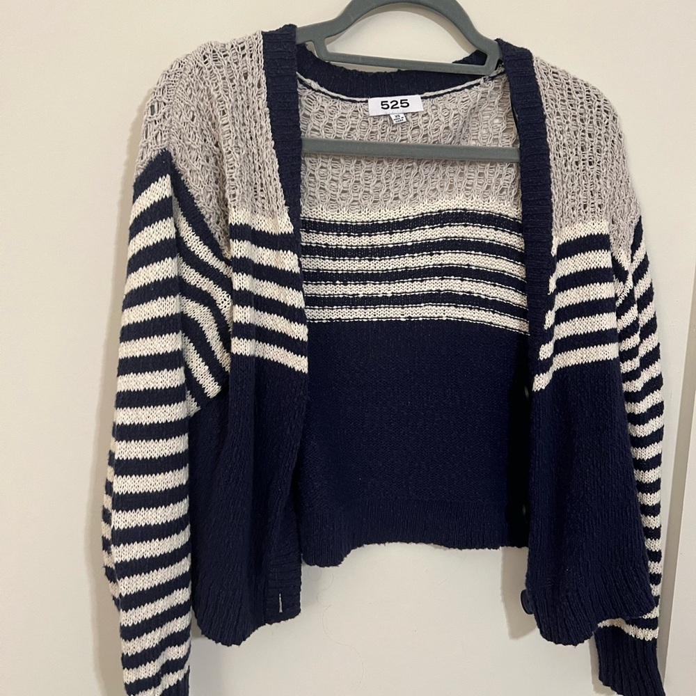 525 America Navy and Cream Striped Cardigan